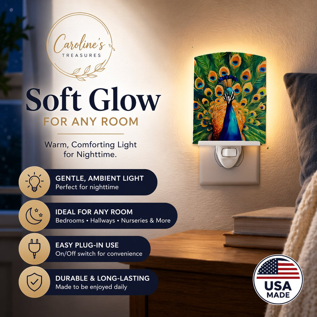 Peacock Full Feather Display Vibrant Ceramic Night Light Compact, UL-Certified, Ideal for Bedroom, Bathroom, Nursery, Hallway, Kitchen, 6x4x3, Multicolor
