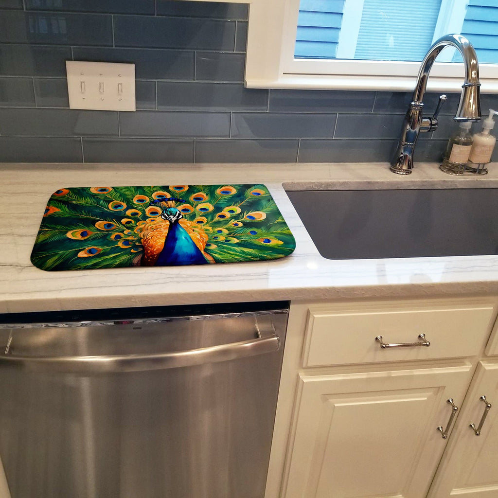 Peacock Full Feather Display Vibrant Dish Drying Mat Absorbent Dish Drying Mat Pad for Kitchen Counter Dish Drainer Mat for Countertop, 14 x 21", Multicolor