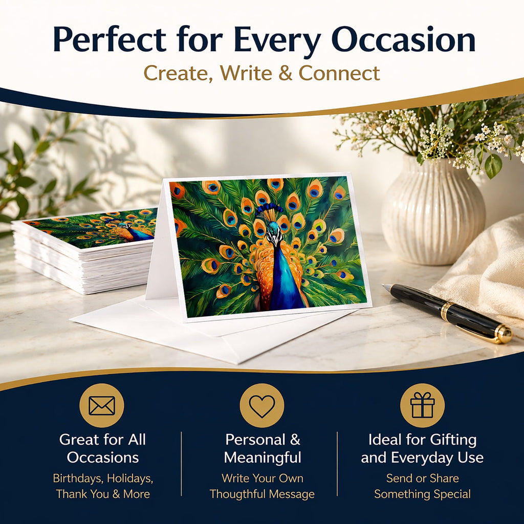 Peacock Full Feather Display Vibrant Greeting Cards Pack of 8 Blank Cards with Envelopes Whimsical A7 Size 5x7