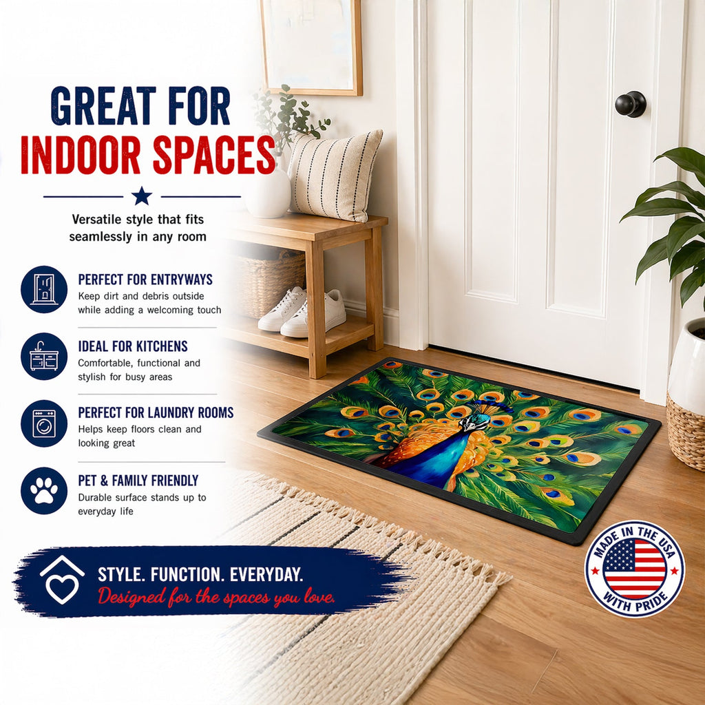 Peacock Full Feather Display Vibrant Doormat Indoor Outdoor 24H X 36W Front Door Mat Rugs for Entryway, Non Slip Washable Low Pile,