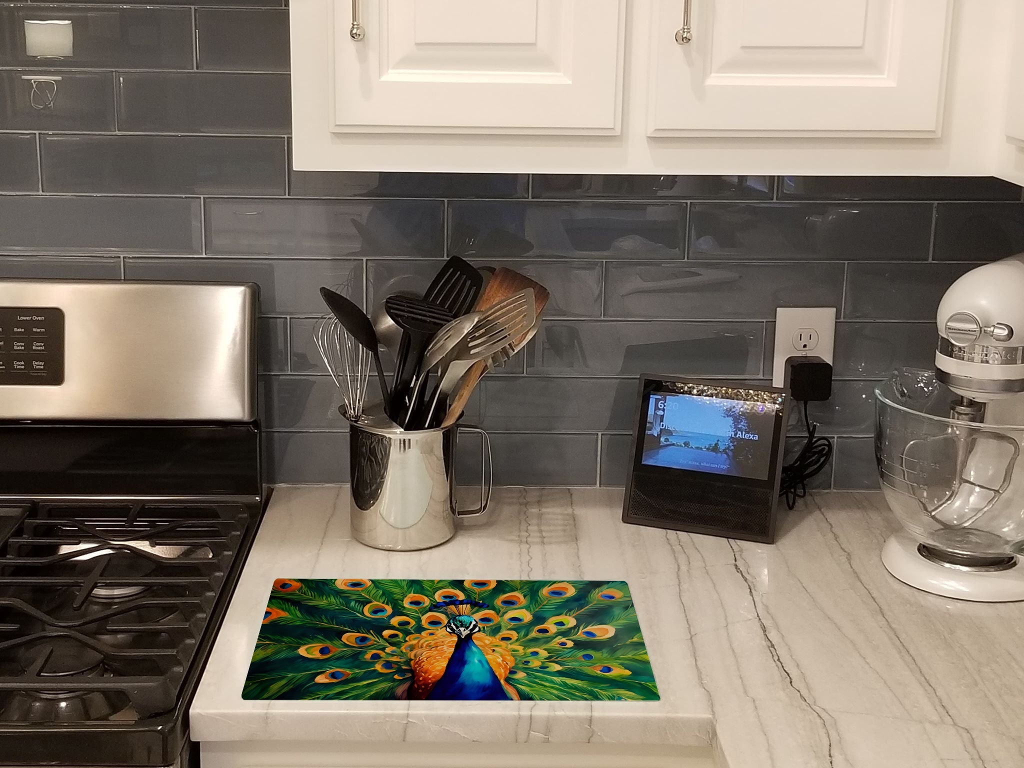 Peacock Full Feather Display Vibrant Cutting Board Tempered Glass Kitchen Cutting Surface, Heat Resistant Chopping, Non-Slip Feet, Food Prep & Serving
