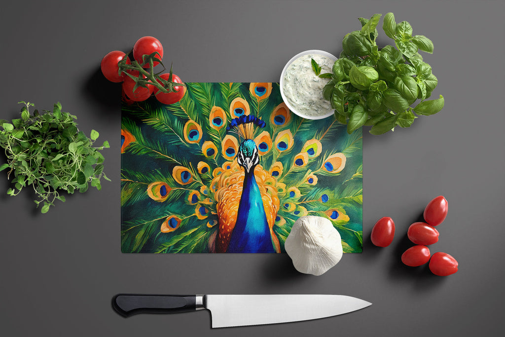 Peacock Full Feather Display Vibrant Cutting Board Tempered Glass Kitchen Cutting Surface, Heat Resistant Chopping, Non-Slip Feet, Food Prep & Serving