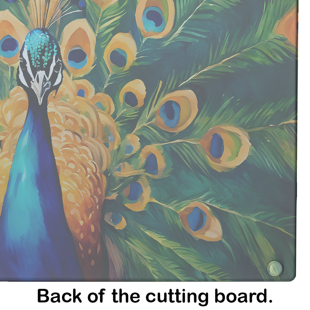 Peacock Full Feather Display Vibrant Cutting Board Tempered Glass Kitchen Cutting Surface, Heat Resistant Chopping, Non-Slip Feet, Food Prep & Serving