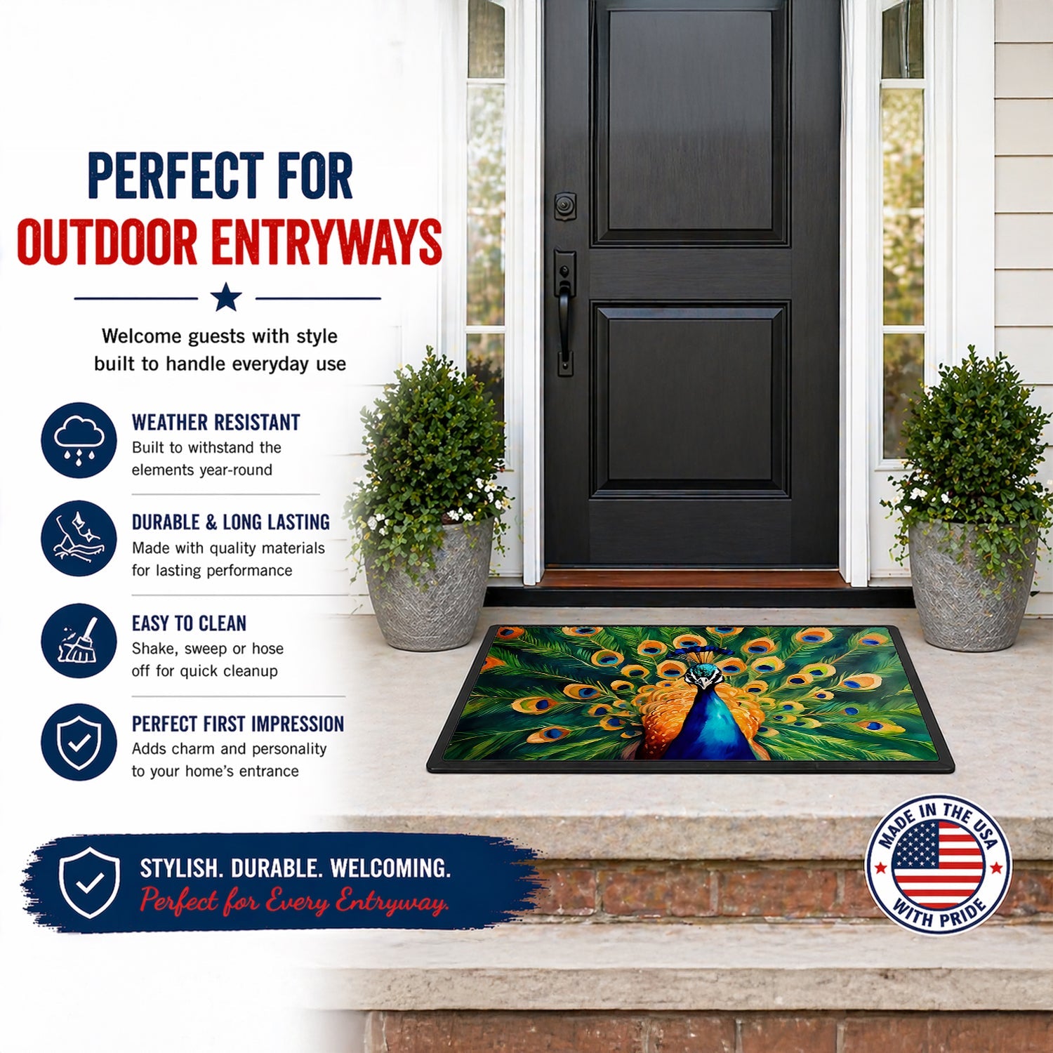 Peacock Full Feather Display Vibrant Doormat Indoor Outdoor 18H X 27W Front Door Mat Rugs for Entryway, Non Slip Washable