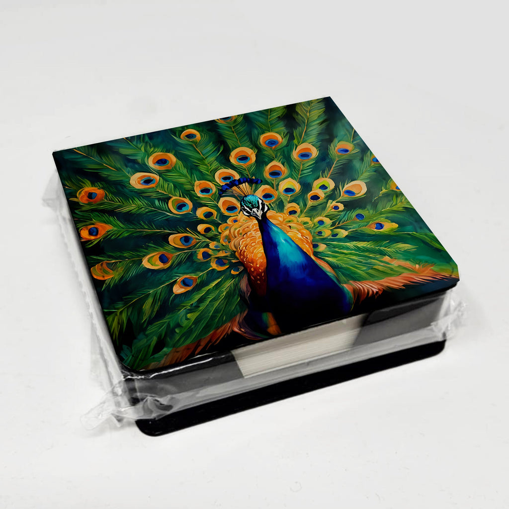 Peacock Full Feather Display Vibrant PU Leather Note Paper Holder with Artist-Designed Cover, Desk Accessory, Office Gift
