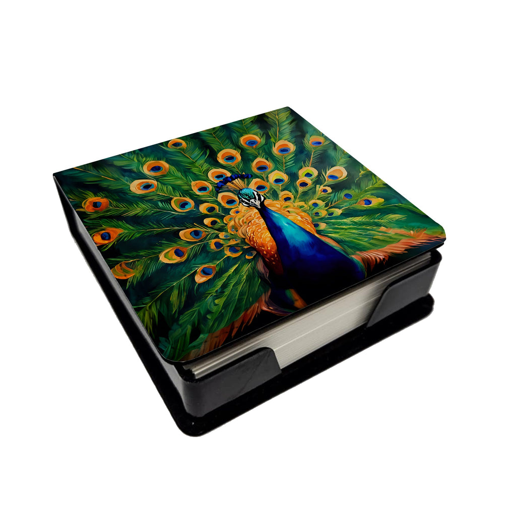 Peacock Full Feather Display Vibrant PU Leather Note Paper Holder with Artist-Designed Cover, Desk Accessory, Office Gift