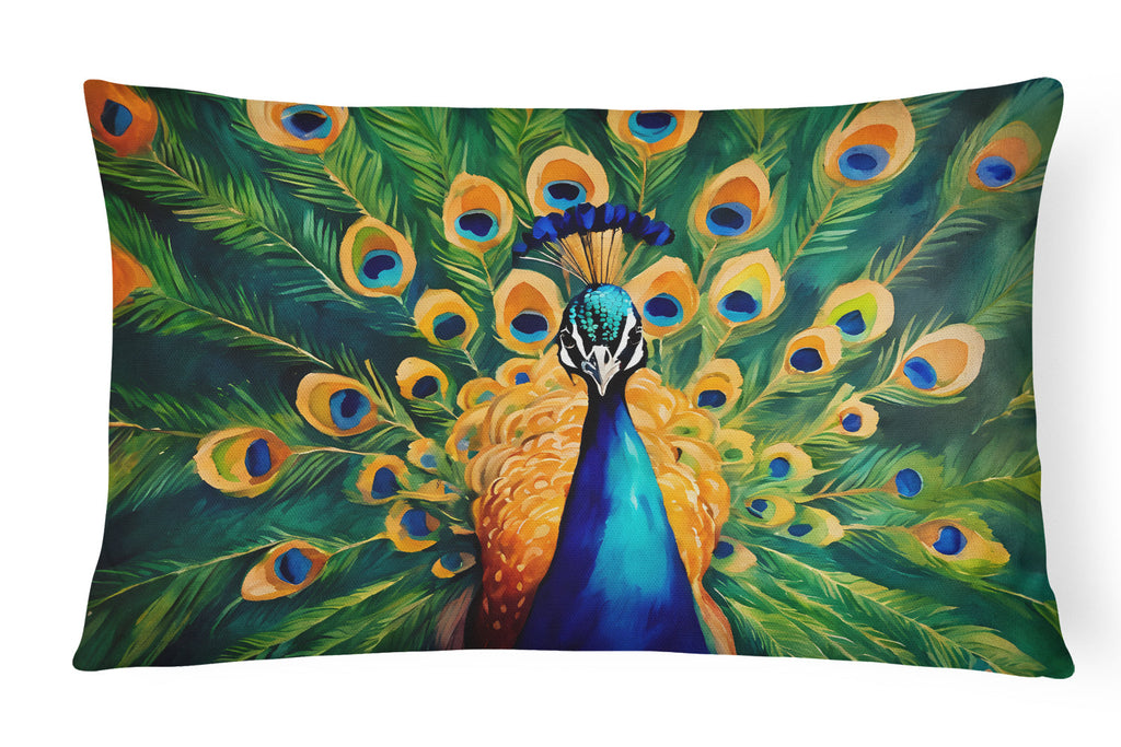 Peacock Full Feather Display Vibrant Decorative Throw Pillow 12x16 Indoor Outdoor Accent Cushion, Fabric Cover with Insert for Sofa, Bed, Porch & Living Room