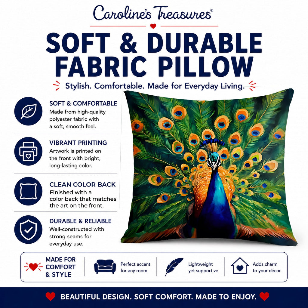 Peacock Full Feather Display Vibrant Decorative Throw Pillow 18x18 Indoor Outdoor Accent Cushion, Fabric Cover with Insert for Sofa, Bed, Porch & Living Room