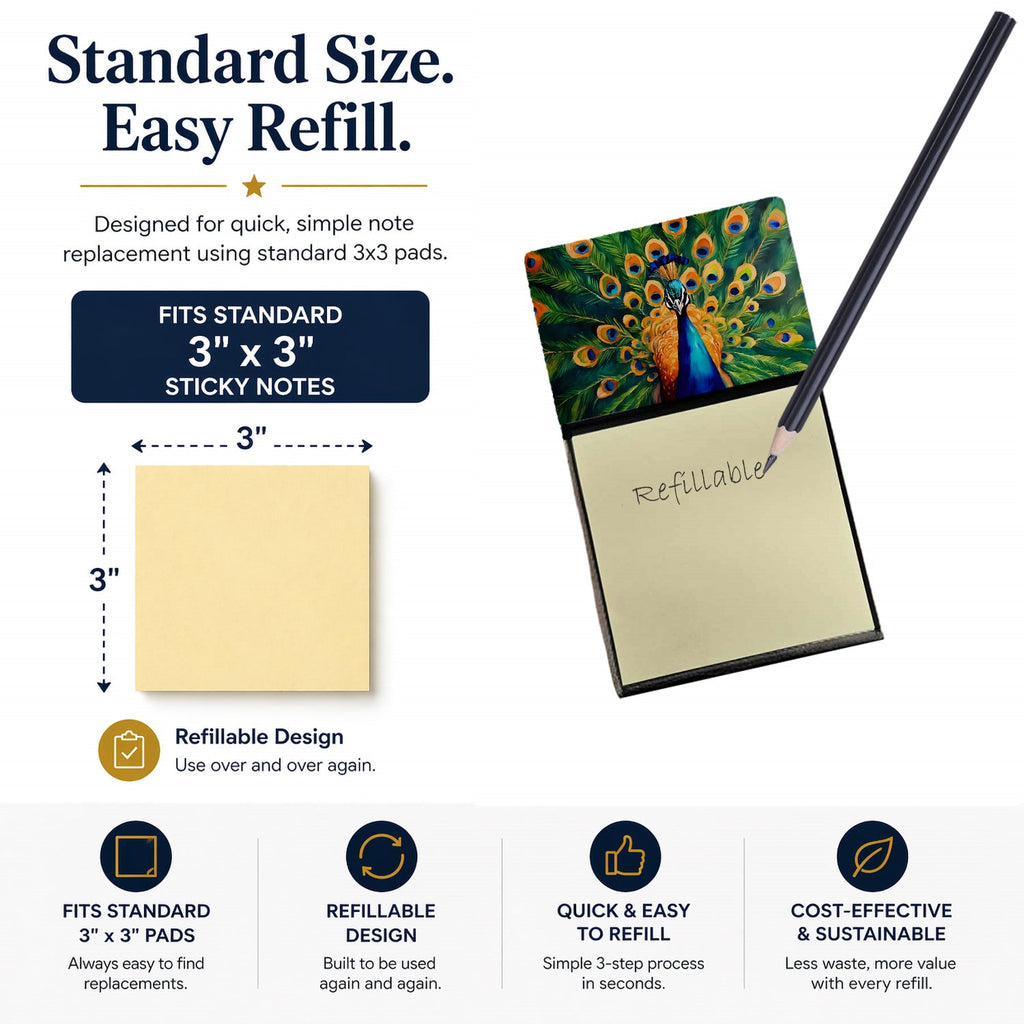 Peacock Full Feather Display Vibrant Watercolor Sticky Note Holder Refillable Dispenser Desk Accessory 3x3 Pad Gift