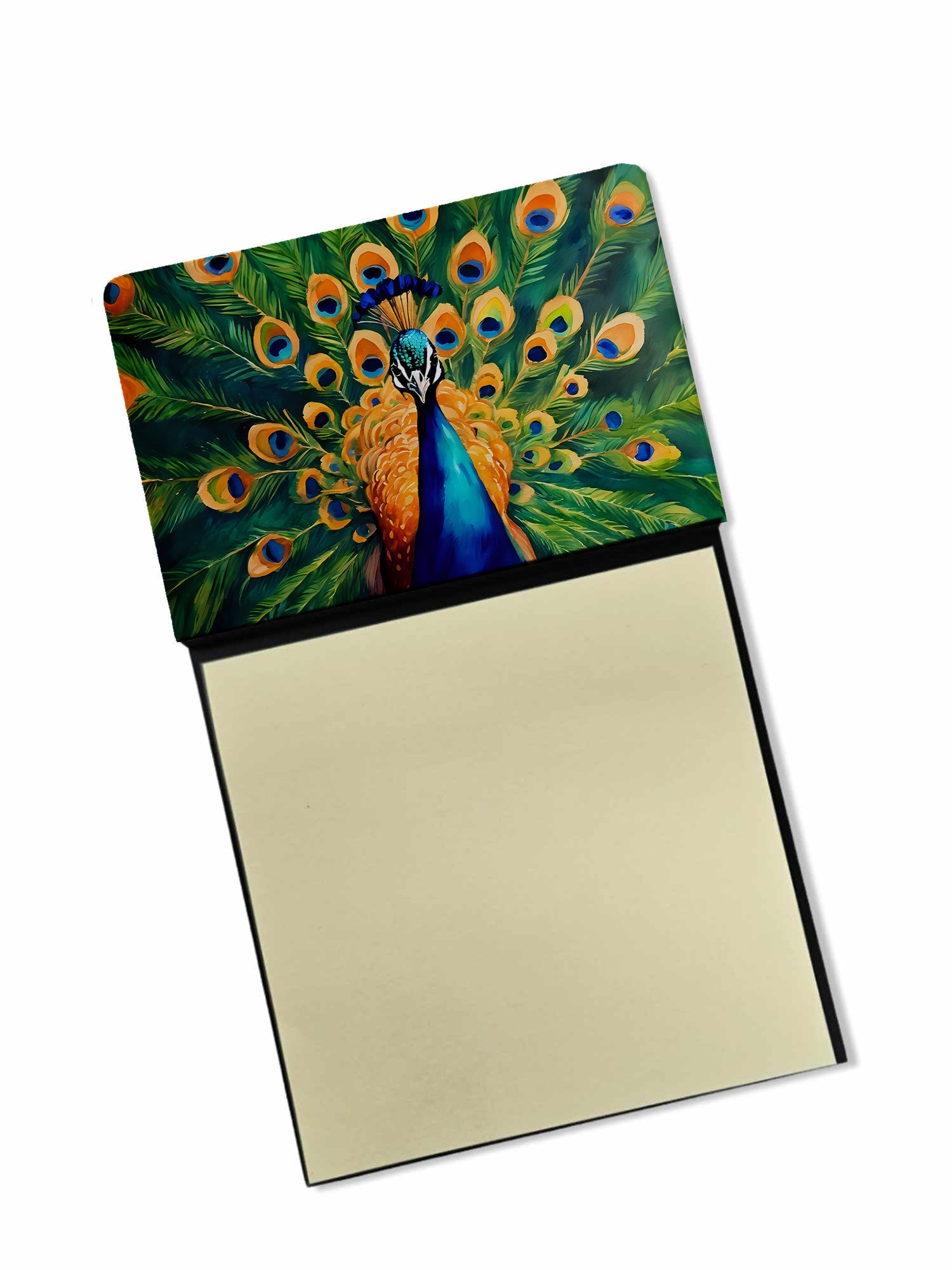 Peacock Full Feather Display Vibrant Watercolor Sticky Note Holder Refillable Dispenser Desk Accessory 3x3 Pad Gift