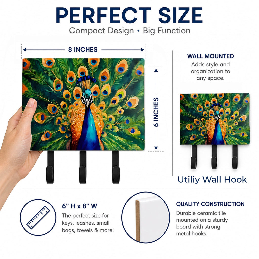 Peacock Full Feather Display Vibrant Leash or Key Holder Wall Hooks, Coat Rack Wall Mount, for Hanging Keys, Towels, Aprons, Leashes