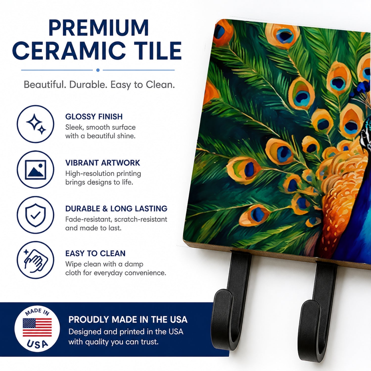 Peacock Full Feather Display Vibrant Leash or Key Holder Wall Hooks, Coat Rack Wall Mount, for Hanging Keys, Towels, Aprons, Leashes