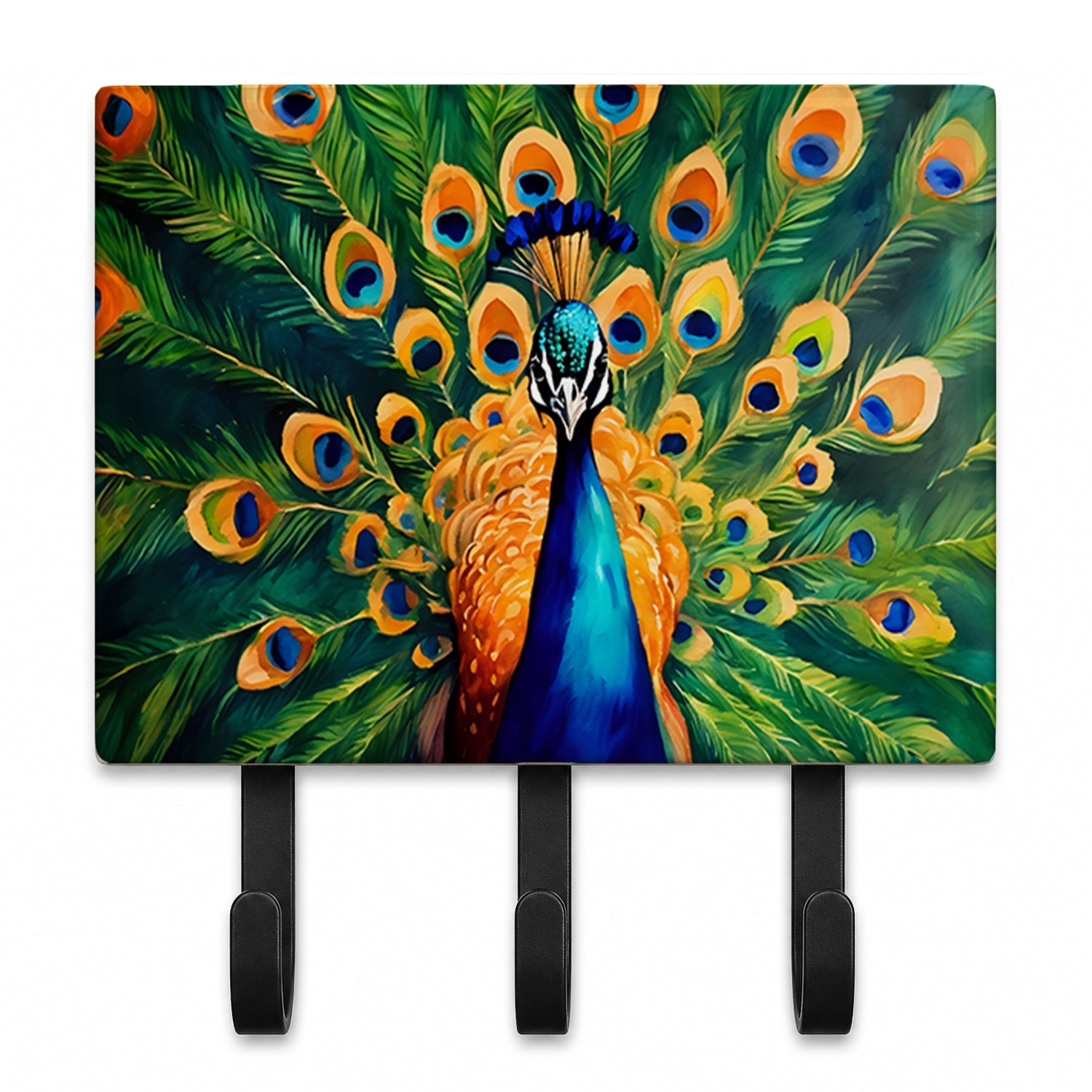 Peacock Full Feather Display Vibrant Leash or Key Holder Wall Hooks, Coat Rack Wall Mount, for Hanging Keys, Towels, Aprons, Leashes