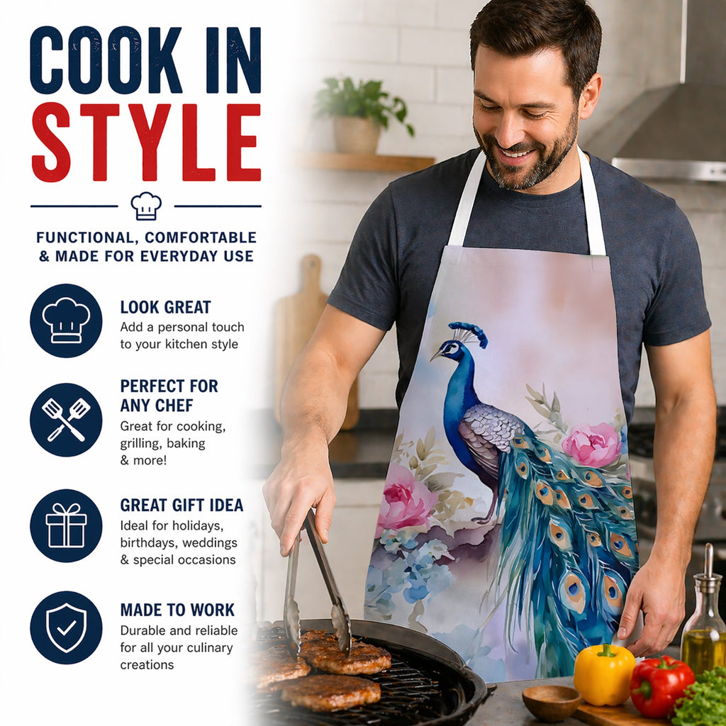Peacock with Pink Flowers Elegant Apron Cooking Kitchen Server Baking Crafts Gardening for Adult Women Men, Unisex, Large, Multicolor