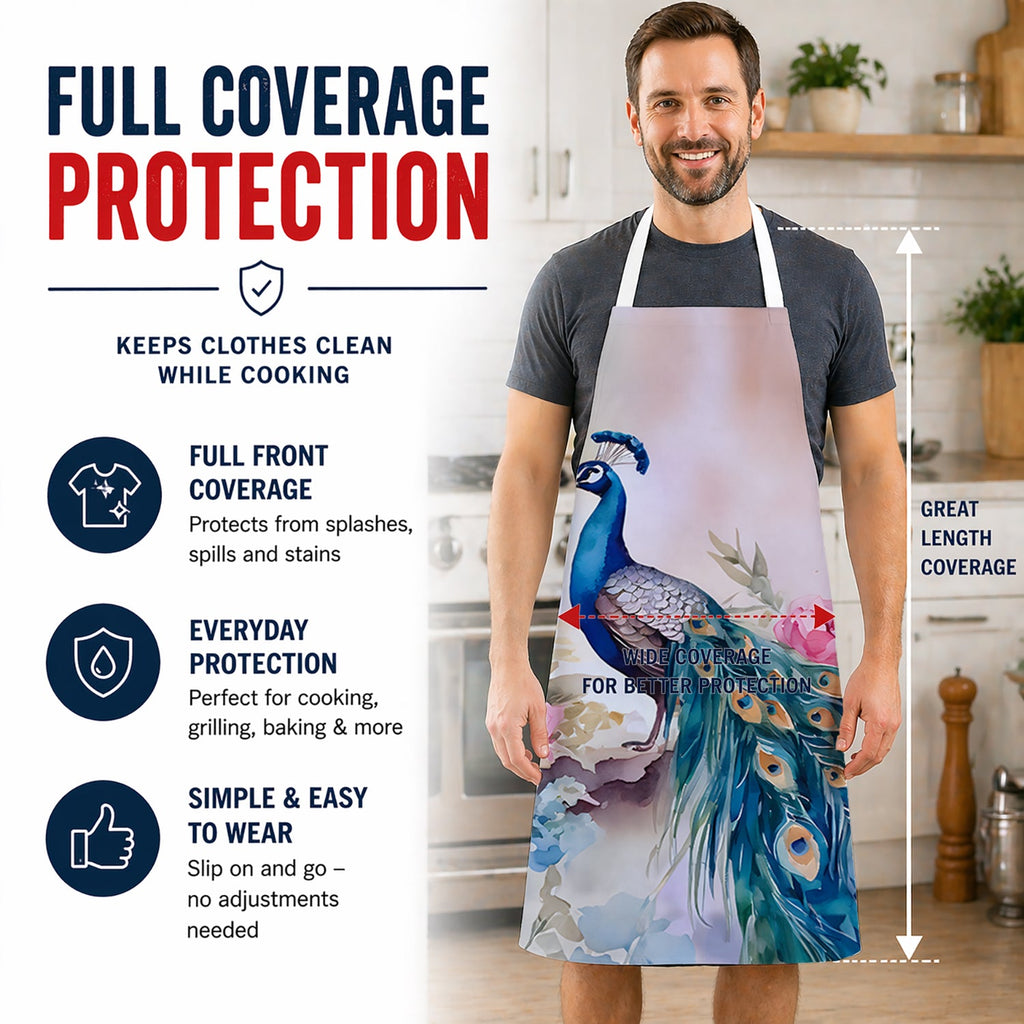 Peacock with Pink Flowers Elegant Apron Cooking Kitchen Server Baking Crafts Gardening for Adult Women Men, Unisex, Large, Multicolor