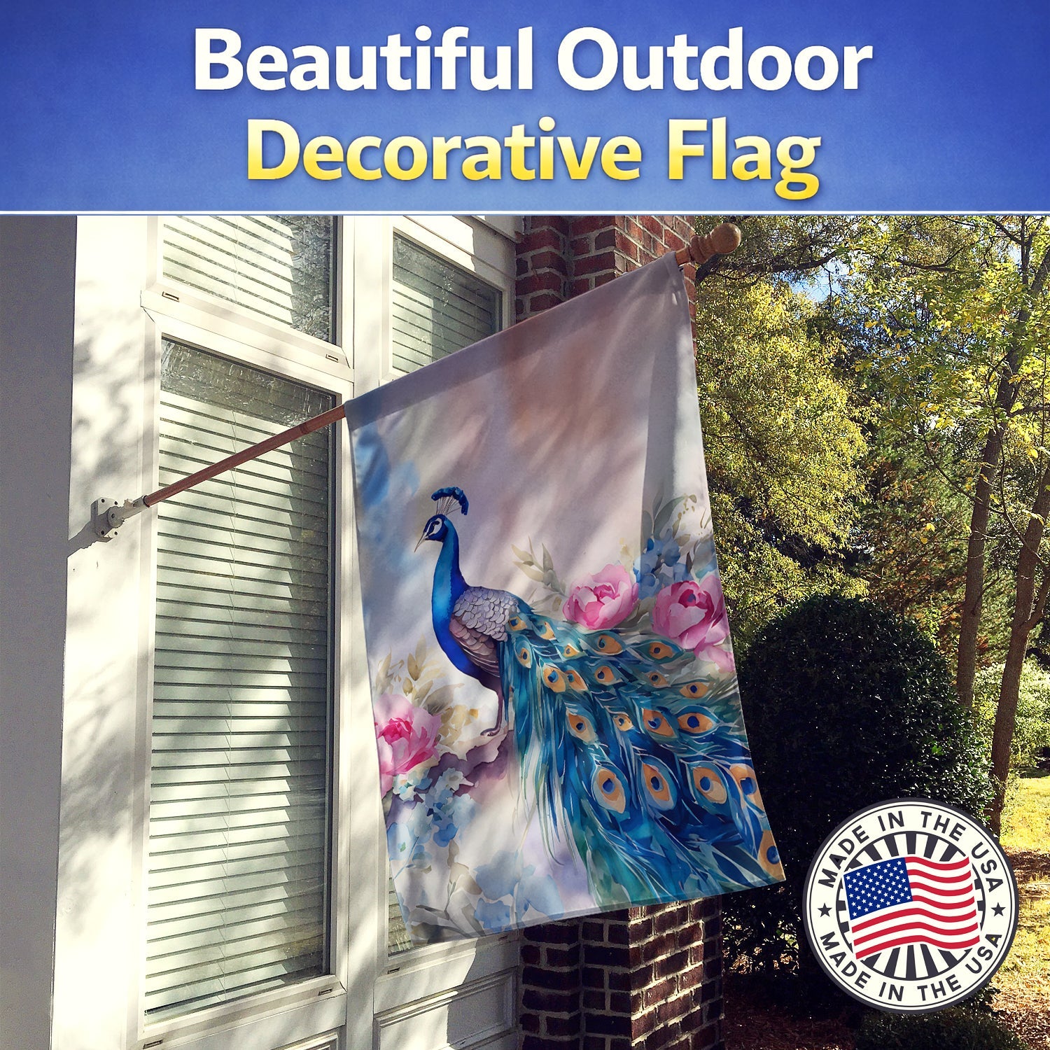 Peacock with Pink Flowers Elegant House Flag 28x40 Porch Sleeve Pole Decorative Outside Yard Banner Artwork Wall Hanging, Polyester
