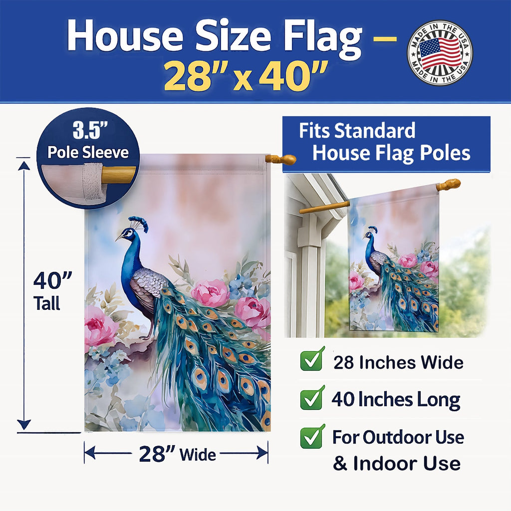 Peacock with Pink Flowers Elegant House Flag 28x40 Porch Sleeve Pole Decorative Outside Yard Banner Artwork Wall Hanging, Polyester
