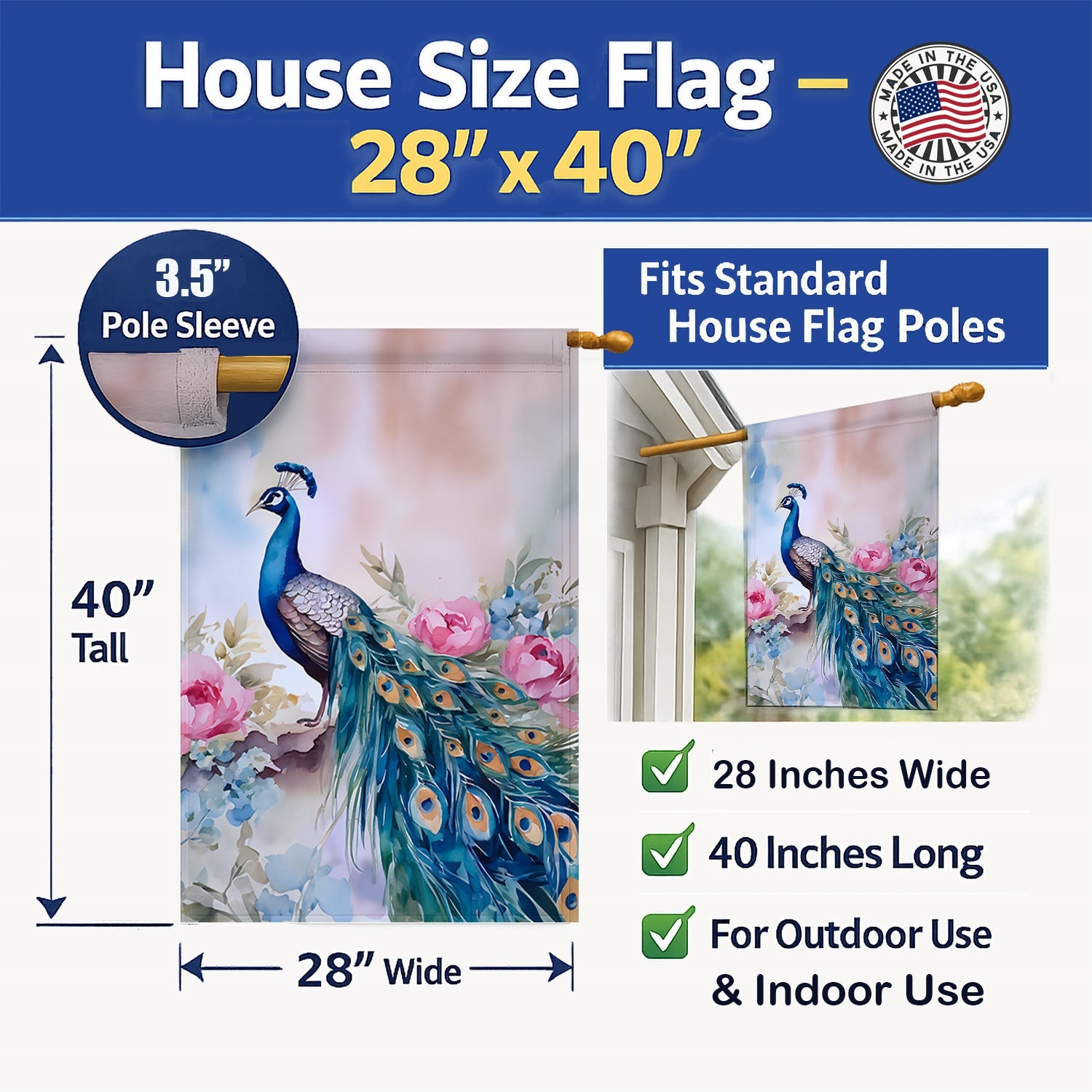 Peacock with Pink Flowers Elegant House Flag 28x40 Porch Sleeve Pole Decorative Outside Yard Banner Artwork Wall Hanging, Polyester