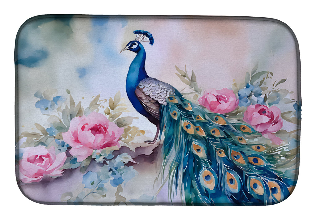 Peacock with Pink Flowers Elegant Dish Drying Mat Absorbent Dish Drying Mat Pad for Kitchen Counter Dish Drainer Mat for Countertop, 14 x 21", Multicolor