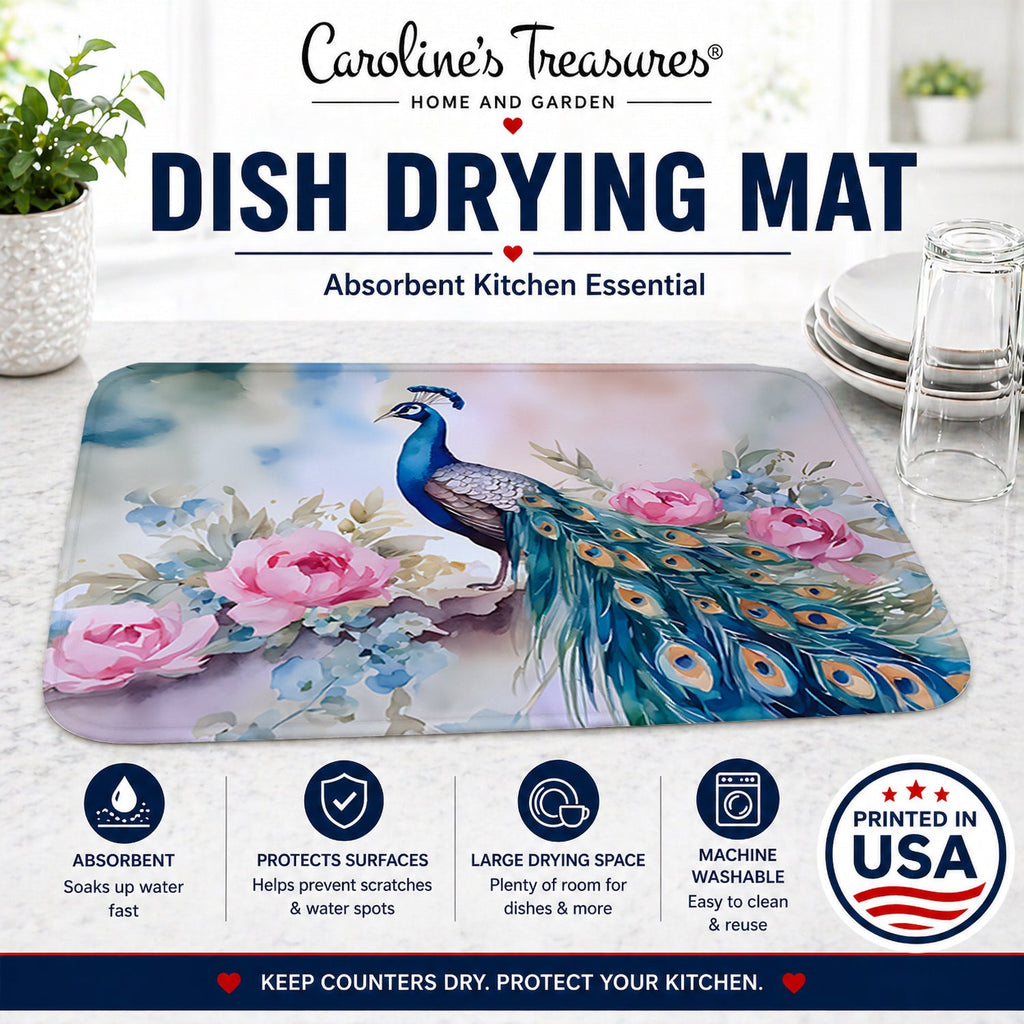 Peacock with Pink Flowers Elegant Dish Drying Mat Absorbent Dish Drying Mat Pad for Kitchen Counter Dish Drainer Mat for Countertop, 14 x 21", Multicolor