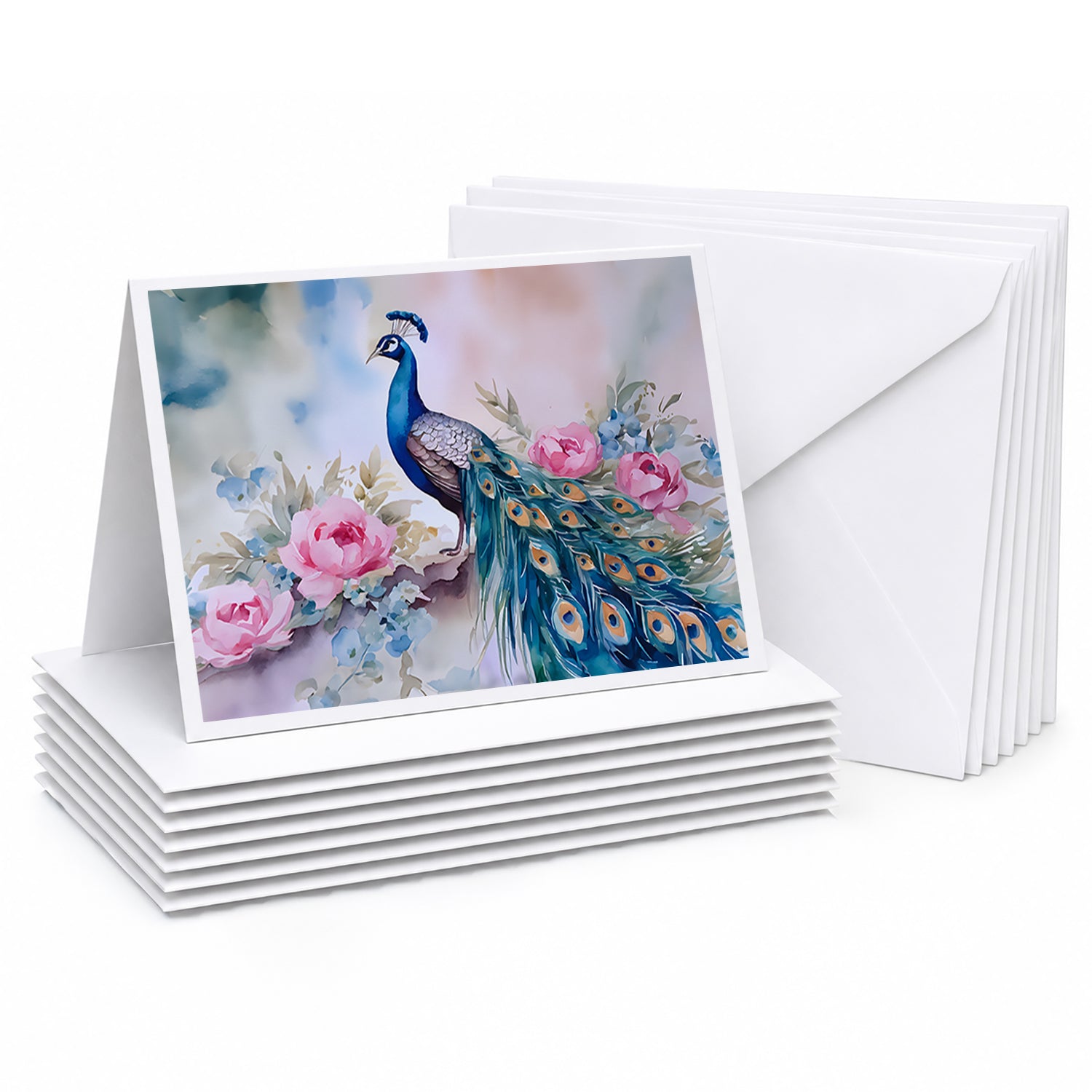 Peacock with Pink Flowers Elegant Greeting Cards Pack of 8 Blank Cards with Envelopes Whimsical A7 Size 5x7