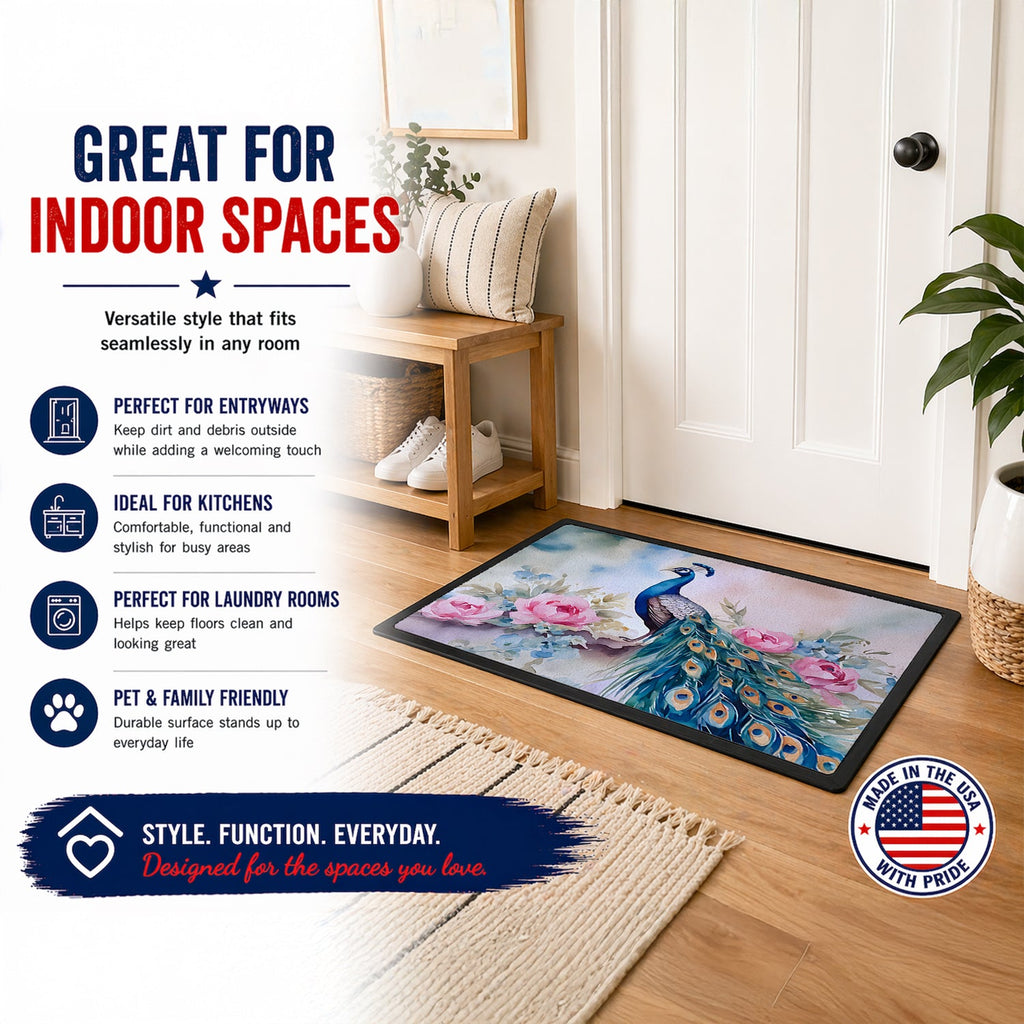 Peacock with Pink Flowers Elegant Doormat Indoor Outdoor 24H X 36W Front Door Mat Rugs for Entryway, Non Slip Washable Low Pile,