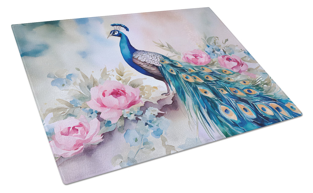 Peacock with Pink Flowers Elegant Cutting Board Tempered Glass Kitchen Cutting Surface, Heat Resistant Chopping, Non-Slip Feet, Food Prep & Serving