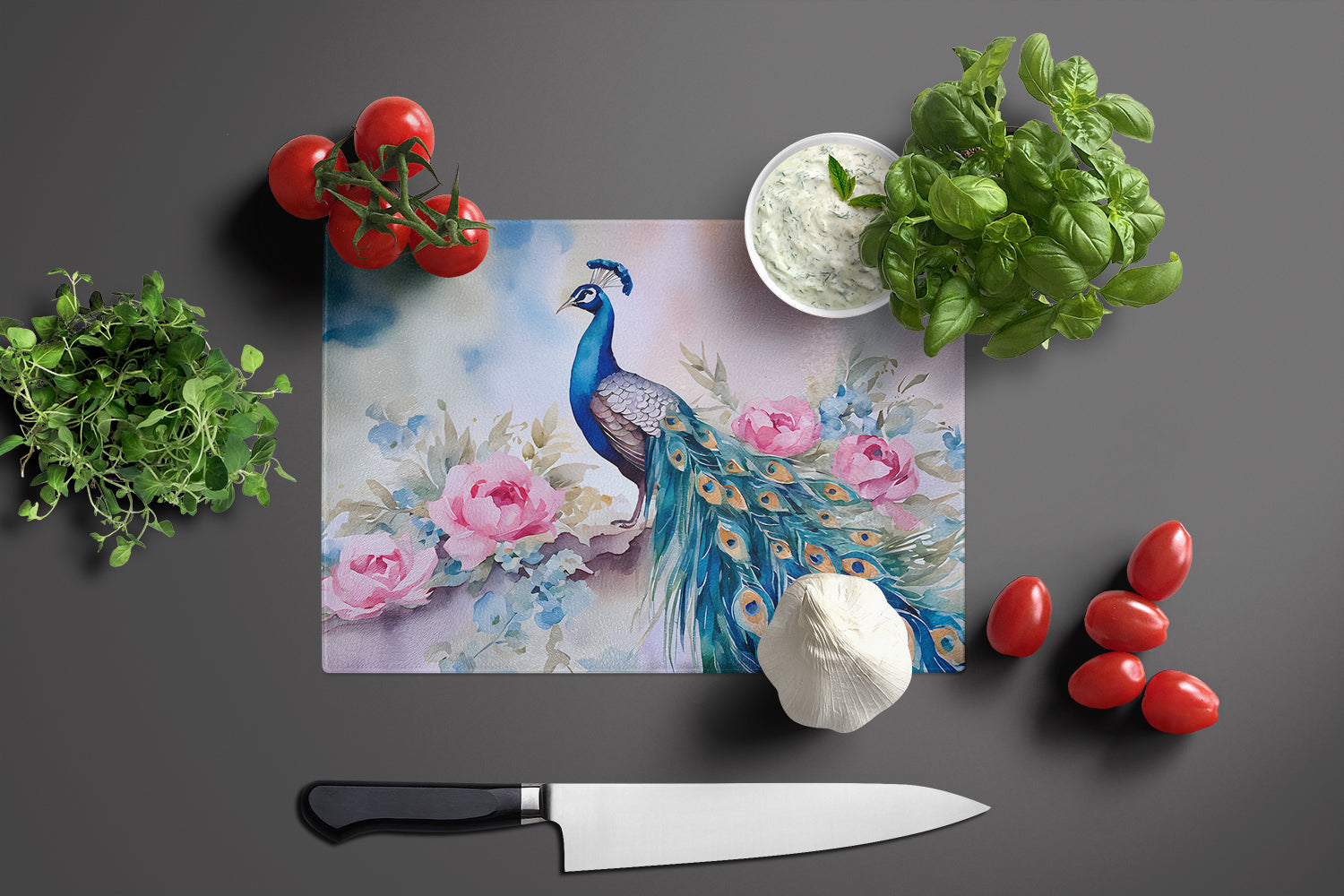 Peacock with Pink Flowers Elegant Cutting Board Tempered Glass Kitchen Cutting Surface, Heat Resistant Chopping, Non-Slip Feet, Food Prep & Serving