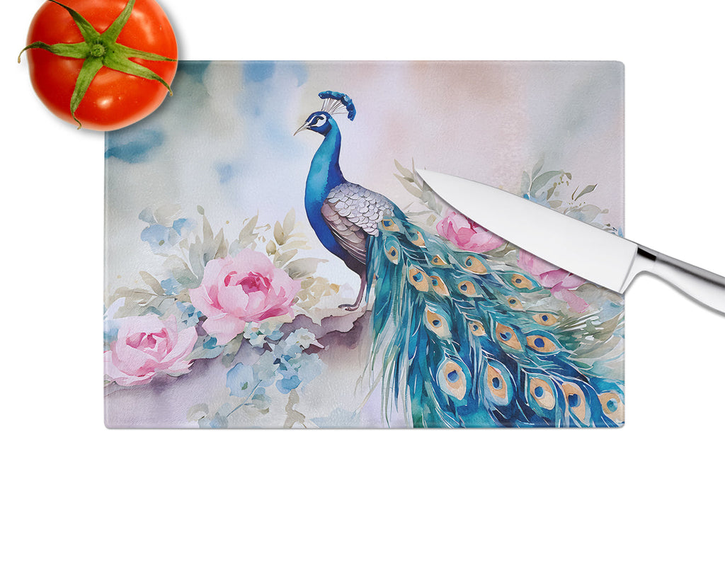 Peacock with Pink Flowers Elegant Cutting Board Tempered Glass Kitchen Cutting Surface, Heat Resistant Chopping, Non-Slip Feet, Food Prep & Serving