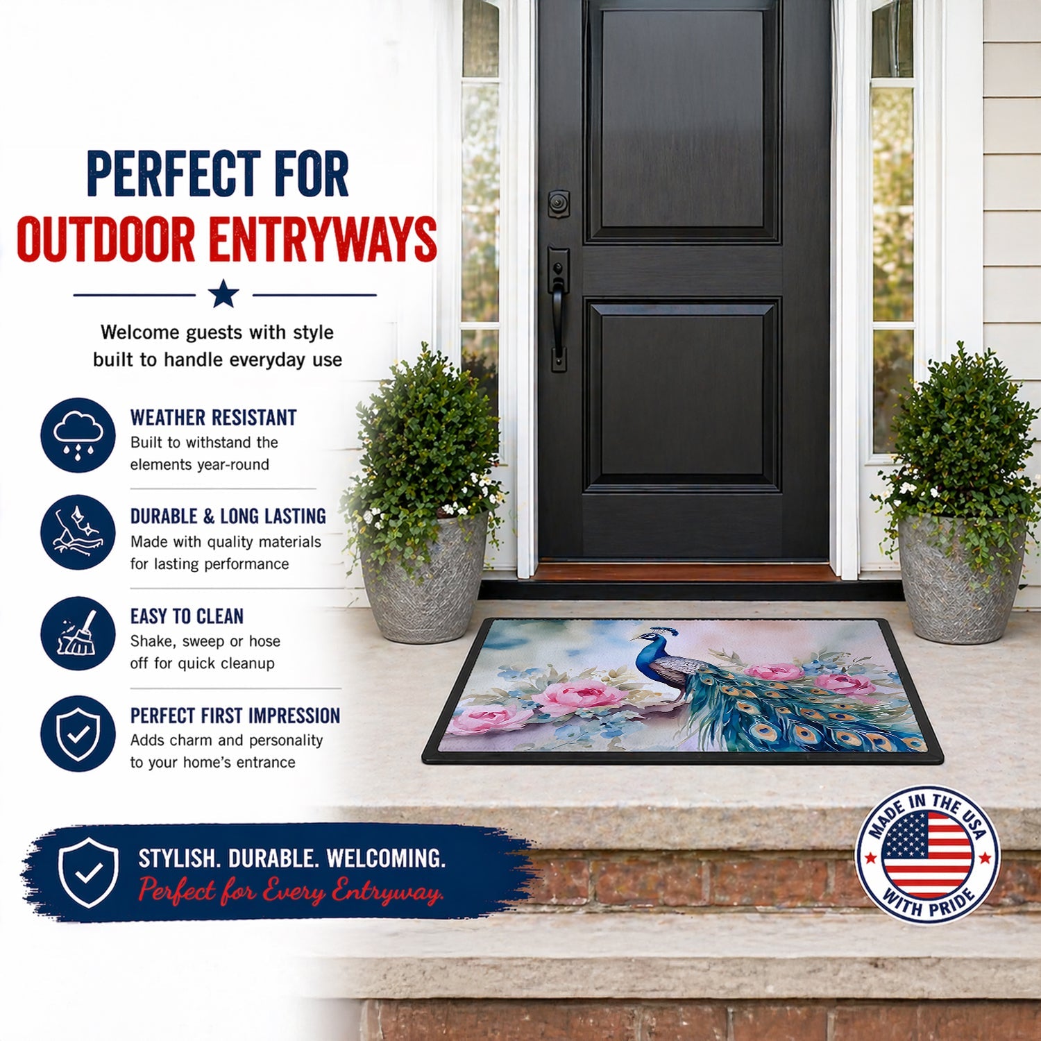 Peacock with Pink Flowers Elegant Doormat Indoor Outdoor 18H X 27W Front Door Mat Rugs for Entryway, Non Slip Washable