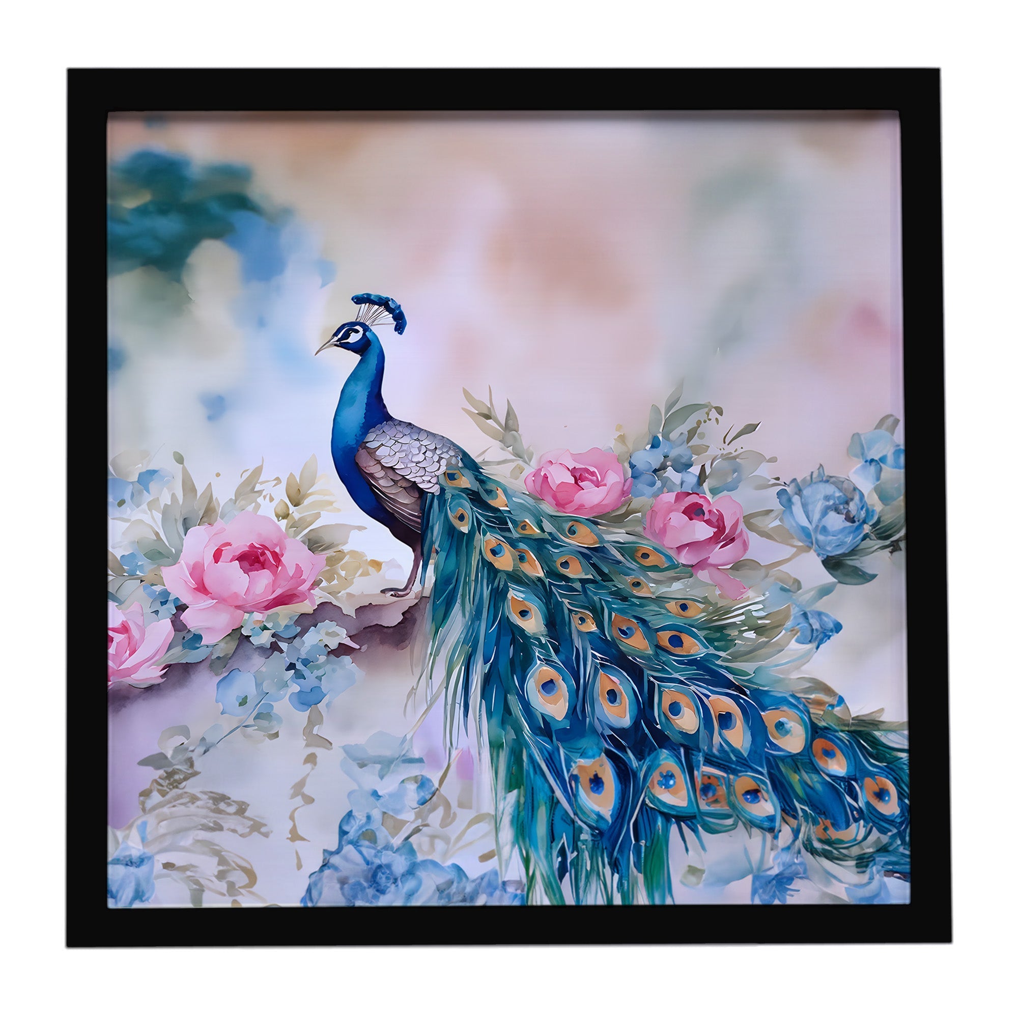 Peacock with Pink Flowers Elegant Framed Metal Print Bathroom, Kitchen, Office, Home Decor Wall Art Ready to Hang, Square, 8X8