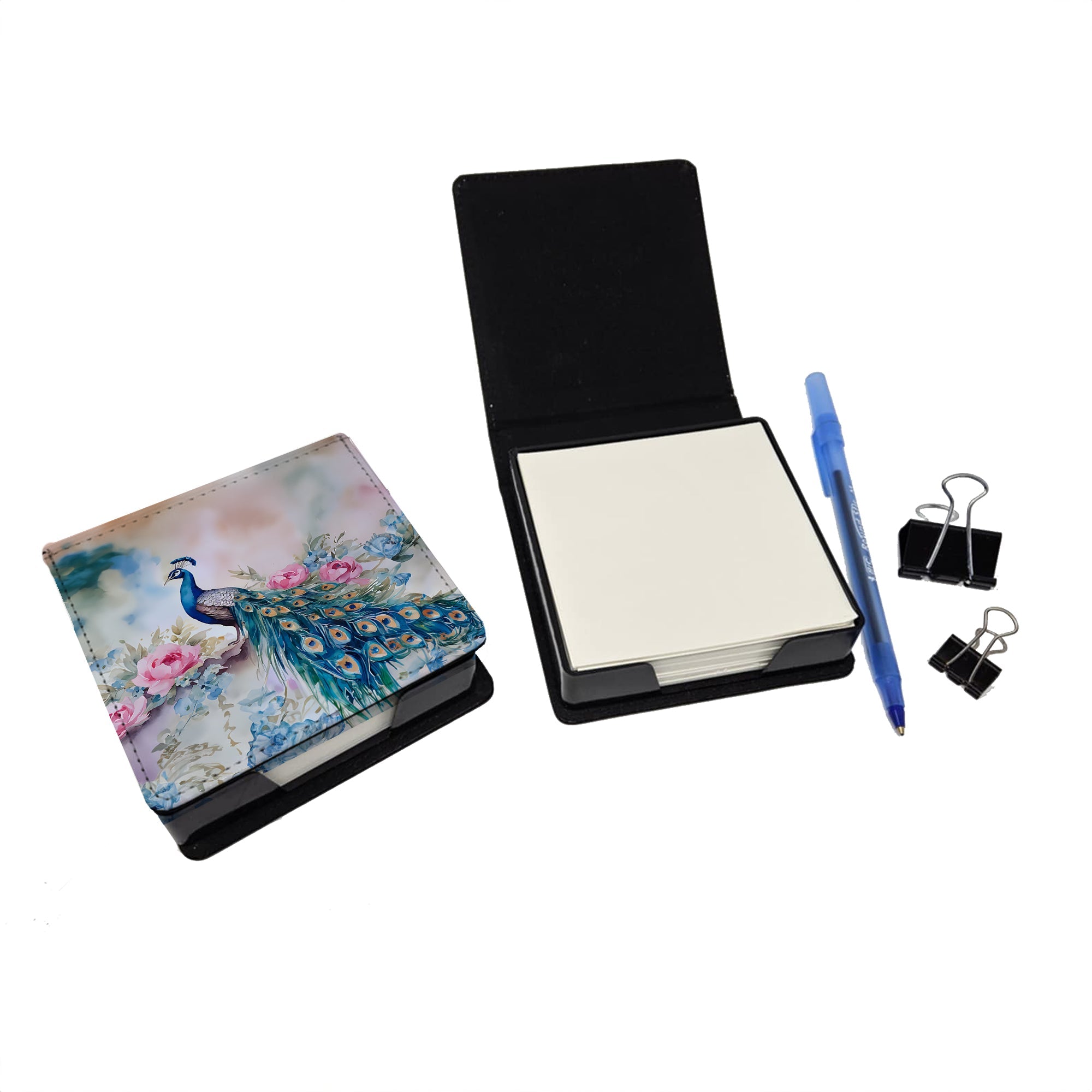 Peacock with Pink Flowers Elegant PU Leather Note Paper Holder with Artist-Designed Cover, Desk Accessory, Office Gift