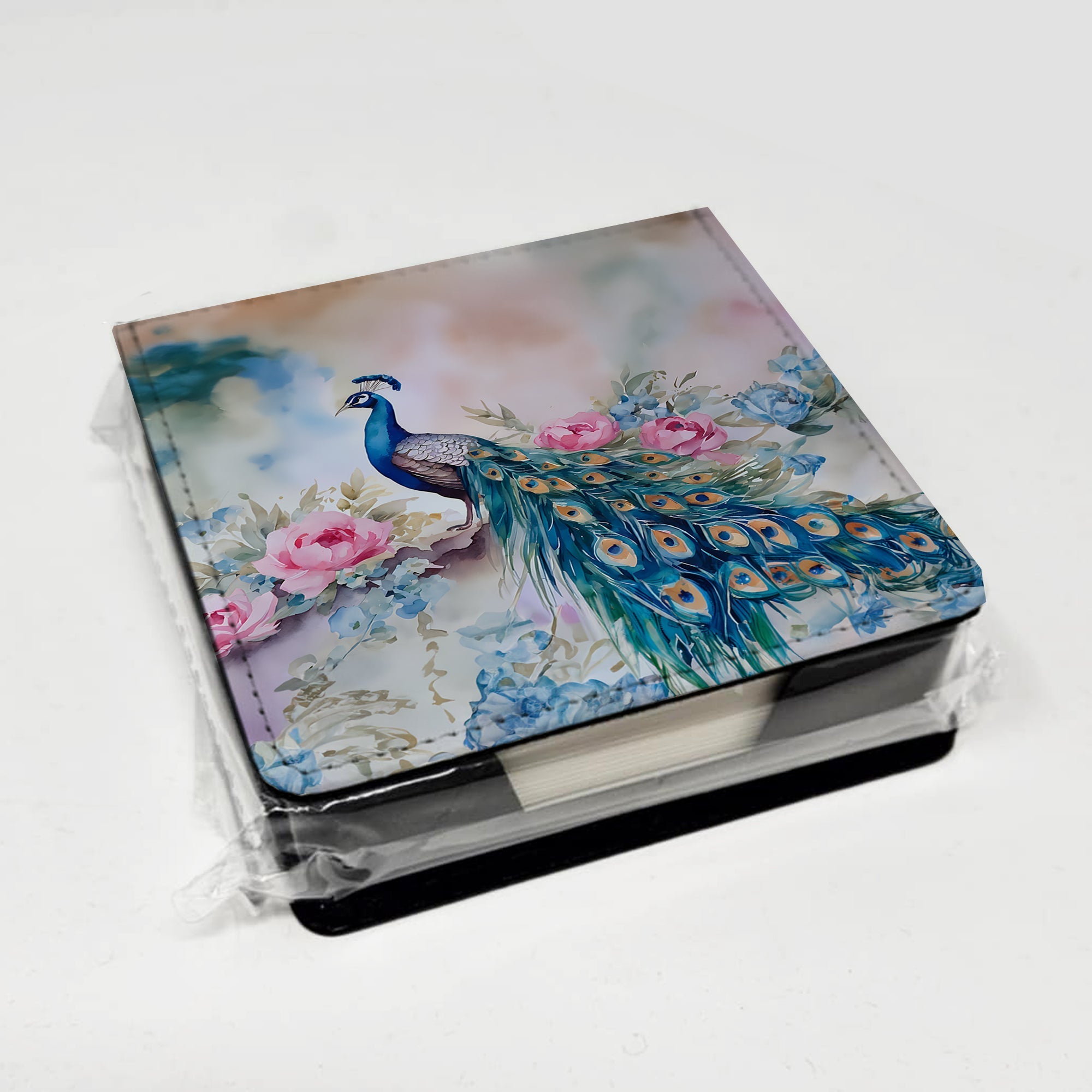 Peacock with Pink Flowers Elegant PU Leather Note Paper Holder with Artist-Designed Cover, Desk Accessory, Office Gift