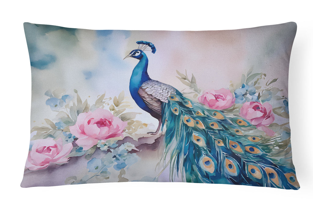 Peacock with Pink Flowers Elegant Decorative Throw Pillow 12x16 Indoor Outdoor Accent Cushion, Fabric Cover with Insert for Sofa, Bed, Porch & Living Room