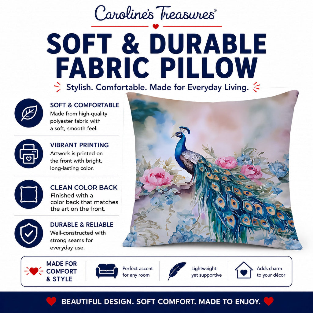 Peacock with Pink Flowers Elegant Decorative Throw Pillow 14x14 Indoor Outdoor Accent Cushion, Fabric Cover with Insert for Sofa, Bed, Porch & Living Room