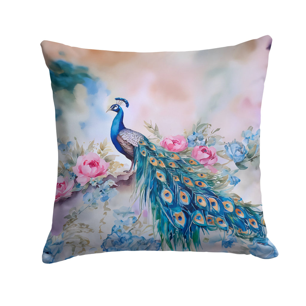 Peacock with Pink Flowers Elegant Decorative Throw Pillow 14x14 Indoor Outdoor Accent Cushion, Fabric Cover with Insert for Sofa, Bed, Porch & Living Room
