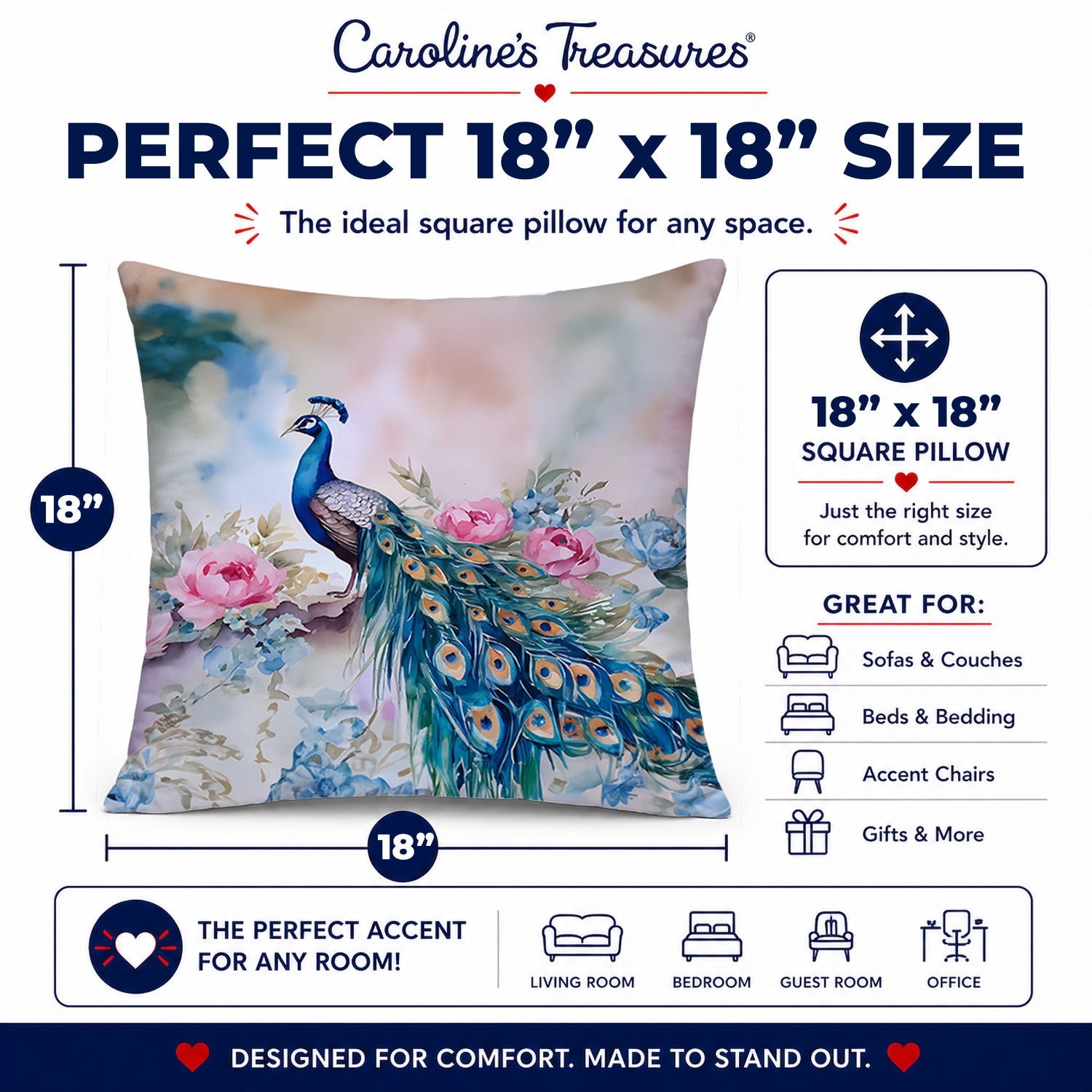 Peacock with Pink Flowers Elegant Decorative Throw Pillow 18x18 Indoor Outdoor Accent Cushion, Fabric Cover with Insert for Sofa, Bed, Porch & Living Room
