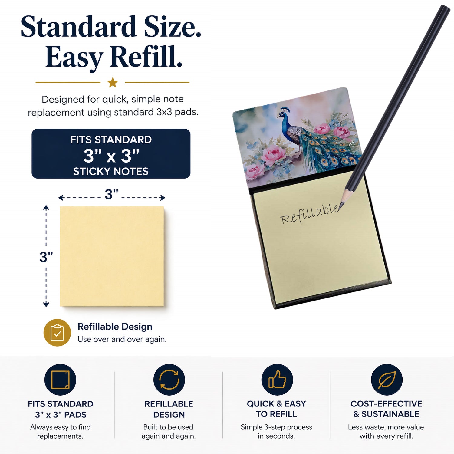 Peacock with Pink Flowers Elegant Watercolor Sticky Note Holder Refillable Dispenser Desk Accessory 3x3 Pad Gift