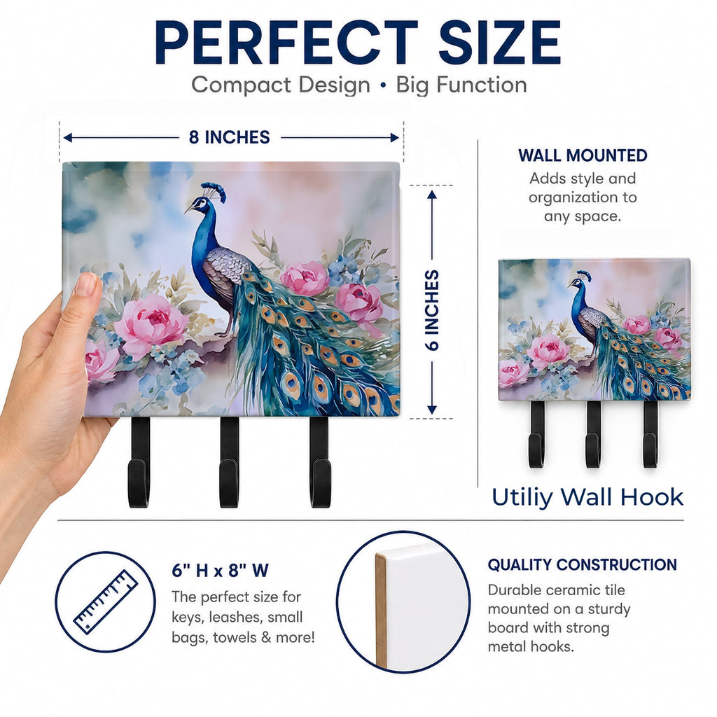 Peacock with Pink Flowers Elegant Leash or Key Holder Wall Hooks, Coat Rack Wall Mount, for Hanging Keys, Towels, Aprons, Leashes