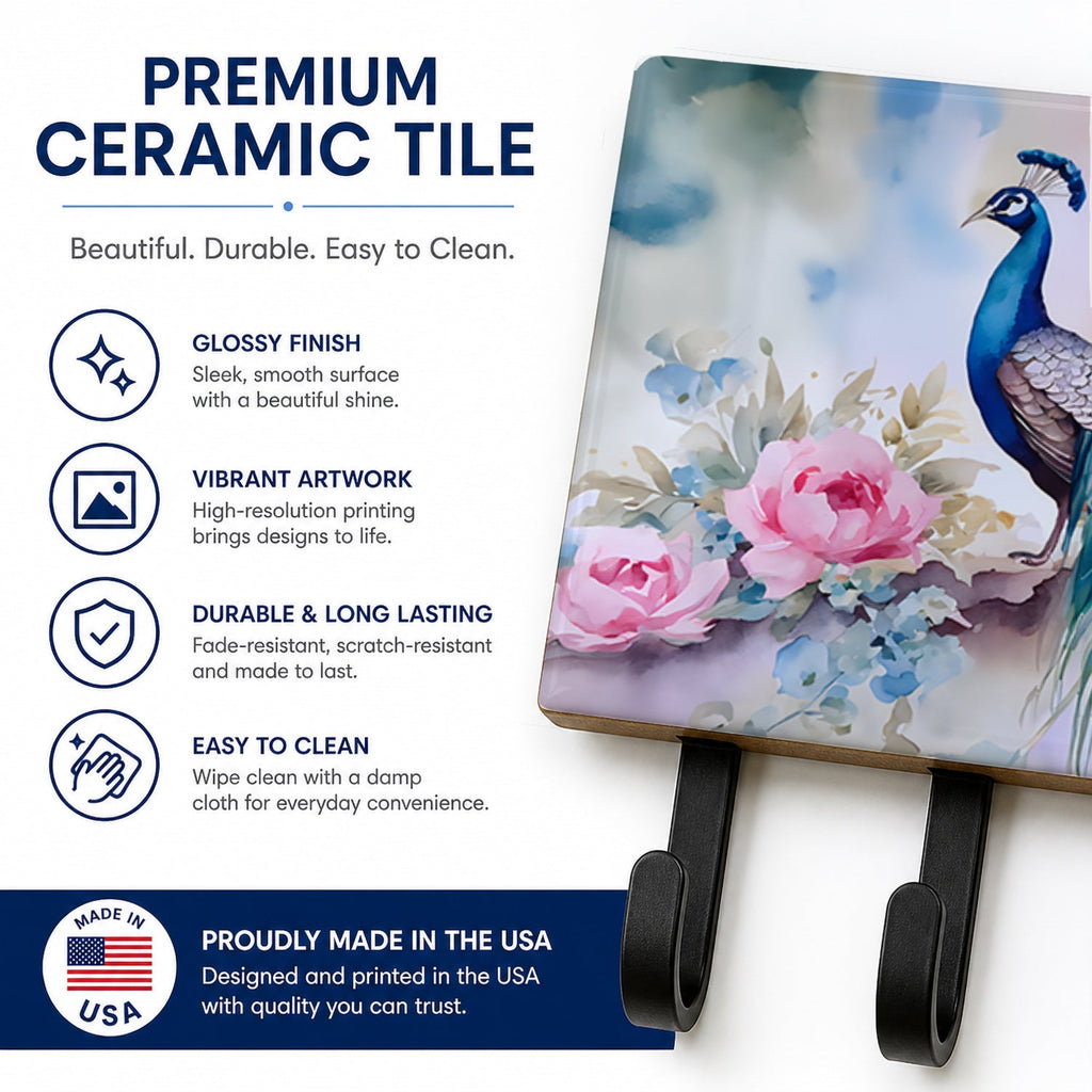 Peacock with Pink Flowers Elegant Leash or Key Holder Wall Hooks, Coat Rack Wall Mount, for Hanging Keys, Towels, Aprons, Leashes
