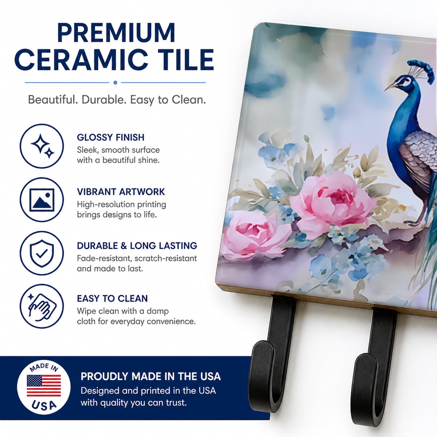 Peacock with Pink Flowers Elegant Leash or Key Holder Wall Hooks, Coat Rack Wall Mount, for Hanging Keys, Towels, Aprons, Leashes