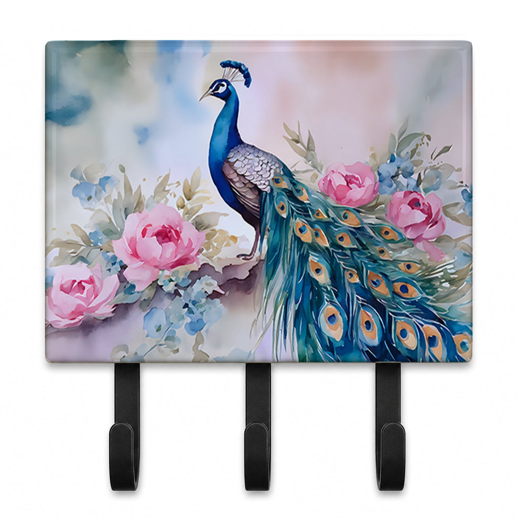 Peacock with Pink Flowers Elegant Leash or Key Holder Wall Hooks, Coat Rack Wall Mount, for Hanging Keys, Towels, Aprons, Leashes