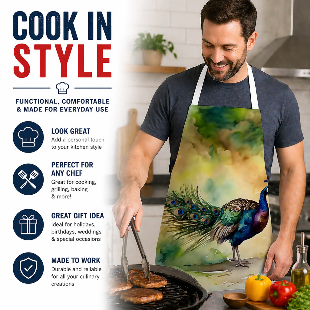 Peacock Walking Garden Scene Apron Cooking Kitchen Server Baking Crafts Gardening for Adult Women Men, Unisex, Large, Multicolor