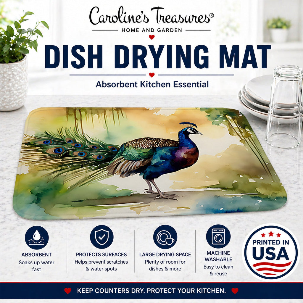 Peacock Walking Garden Scene Dish Drying Mat Absorbent Dish Drying Mat Pad for Kitchen Counter Dish Drainer Mat for Countertop, 14 x 21", Multicolor
