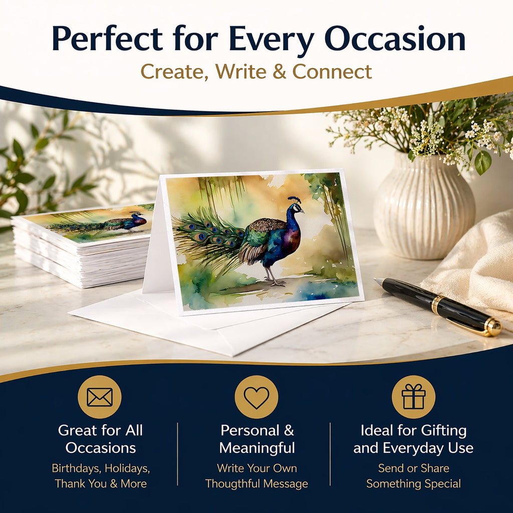Peacock Walking Garden Scene Greeting Cards Pack of 8 Blank Cards with Envelopes Whimsical A7 Size 5x7