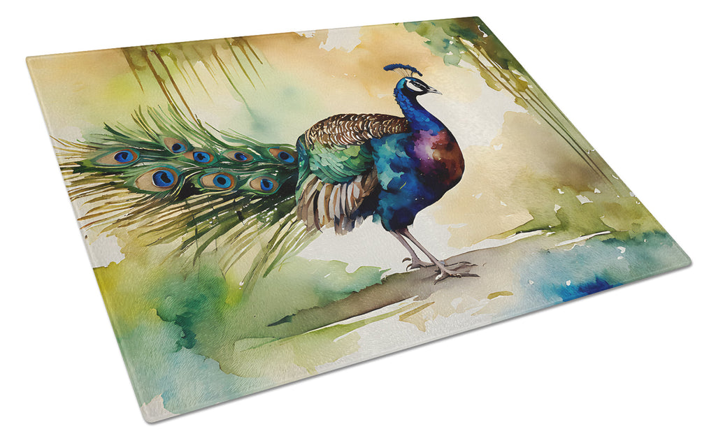 Peacock Walking Garden Scene Cutting Board Tempered Glass Kitchen Cutting Surface, Heat Resistant Chopping, Non-Slip Feet, Food Prep & Serving