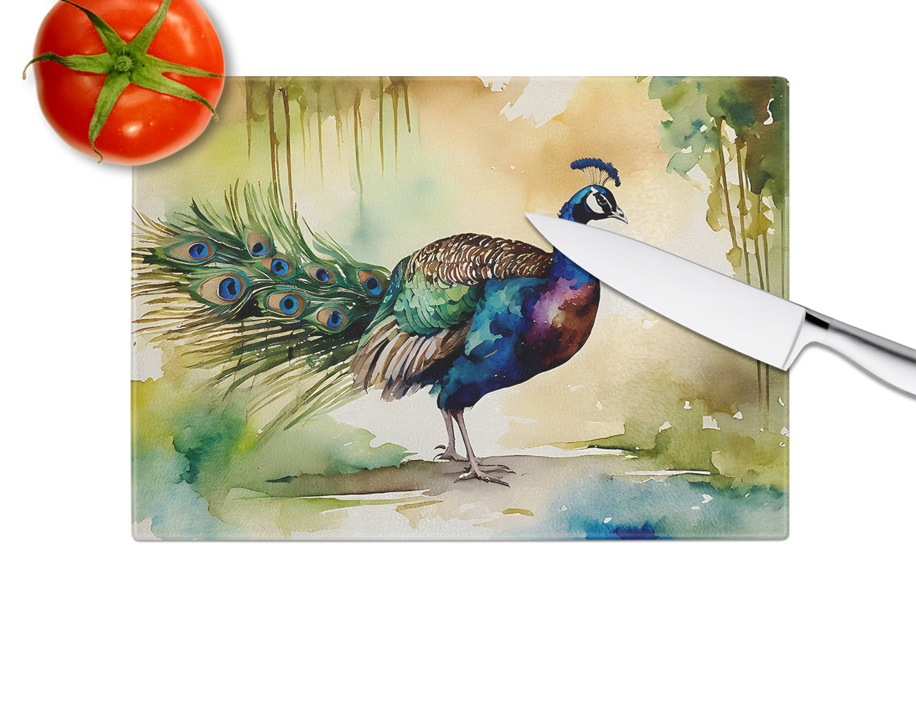 Peacock Walking Garden Scene Cutting Board Tempered Glass Kitchen Cutting Surface, Heat Resistant Chopping, Non-Slip Feet, Food Prep & Serving