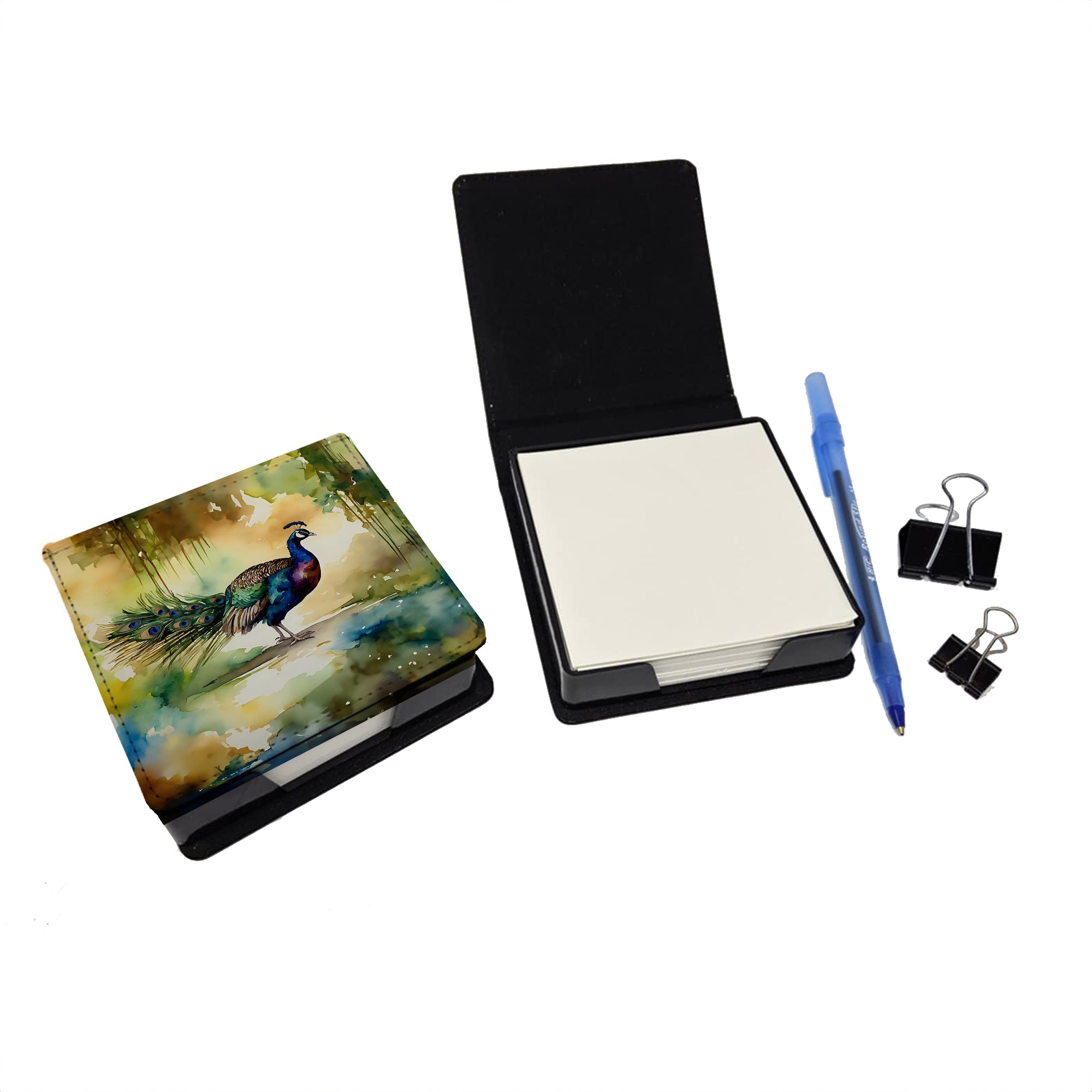 Peacock Walking Garden Scene PU Leather Note Paper Holder with Artist-Designed Cover, Desk Accessory, Office Gift