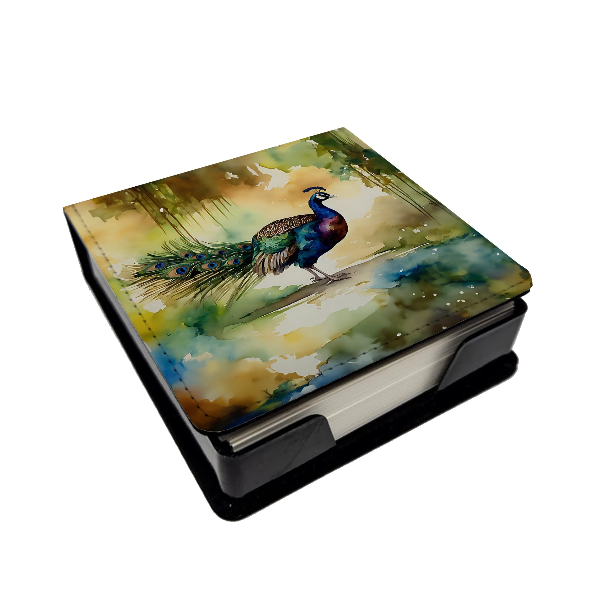 Peacock Walking Garden Scene PU Leather Note Paper Holder with Artist-Designed Cover, Desk Accessory, Office Gift