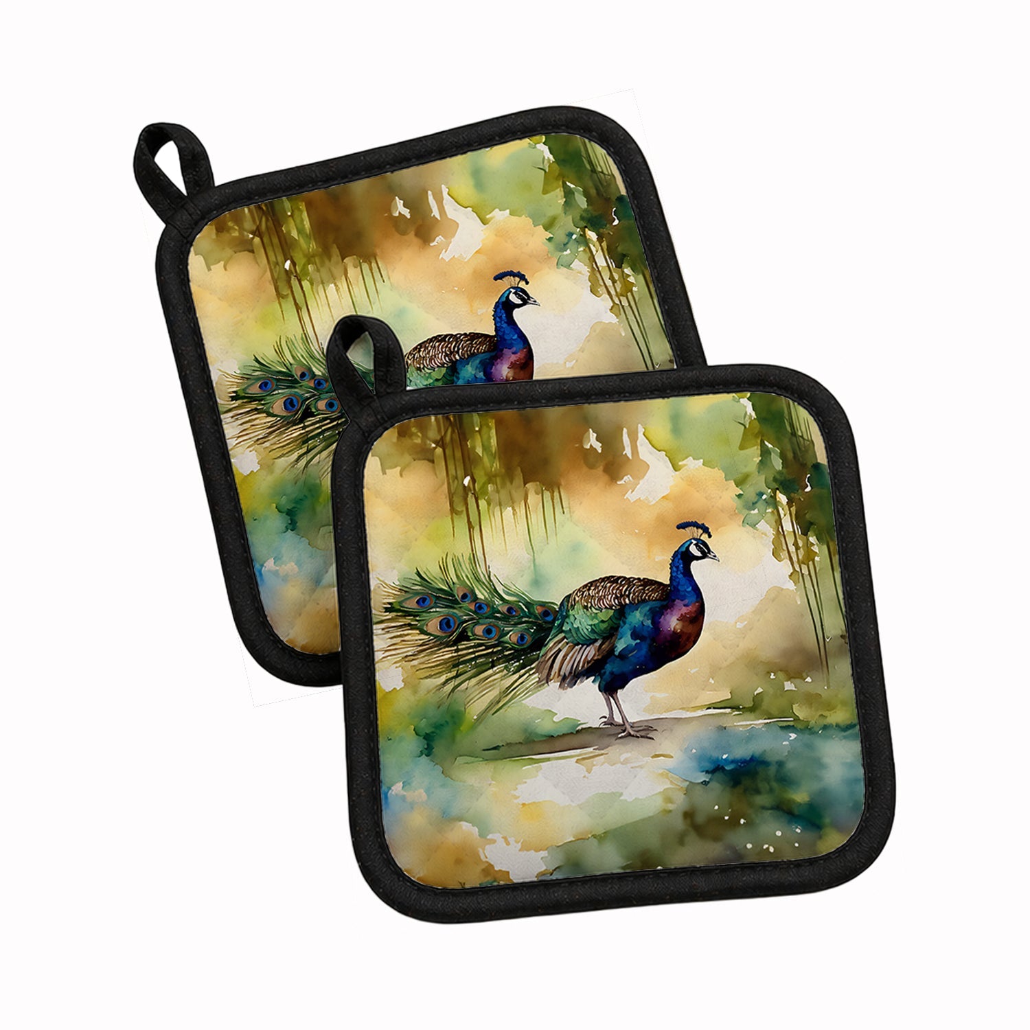 Peacock Walking Garden Scene Pot Holder Set of 2 Heat Resistant Quilted Hot Pads 7.5 x 7.5 Inch, Insulated Kitchen Trivets for Cooking & Baking